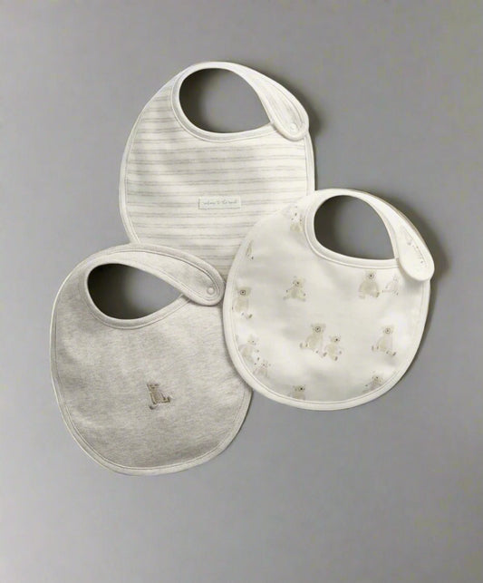 3-pack teddy bear bibs, white and light gray with small animal prints