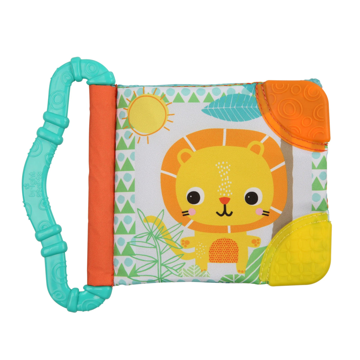 Soft fabric baby book toy with lion face illustration, sun and leaf graphics