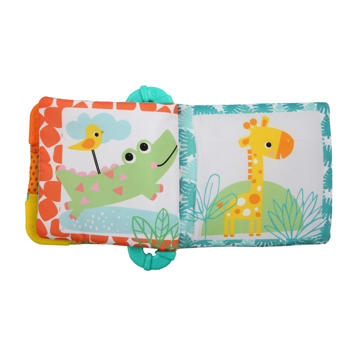 Soft fabric baby book toy with farm jungle animal illustrations: bird, frog, giraffe