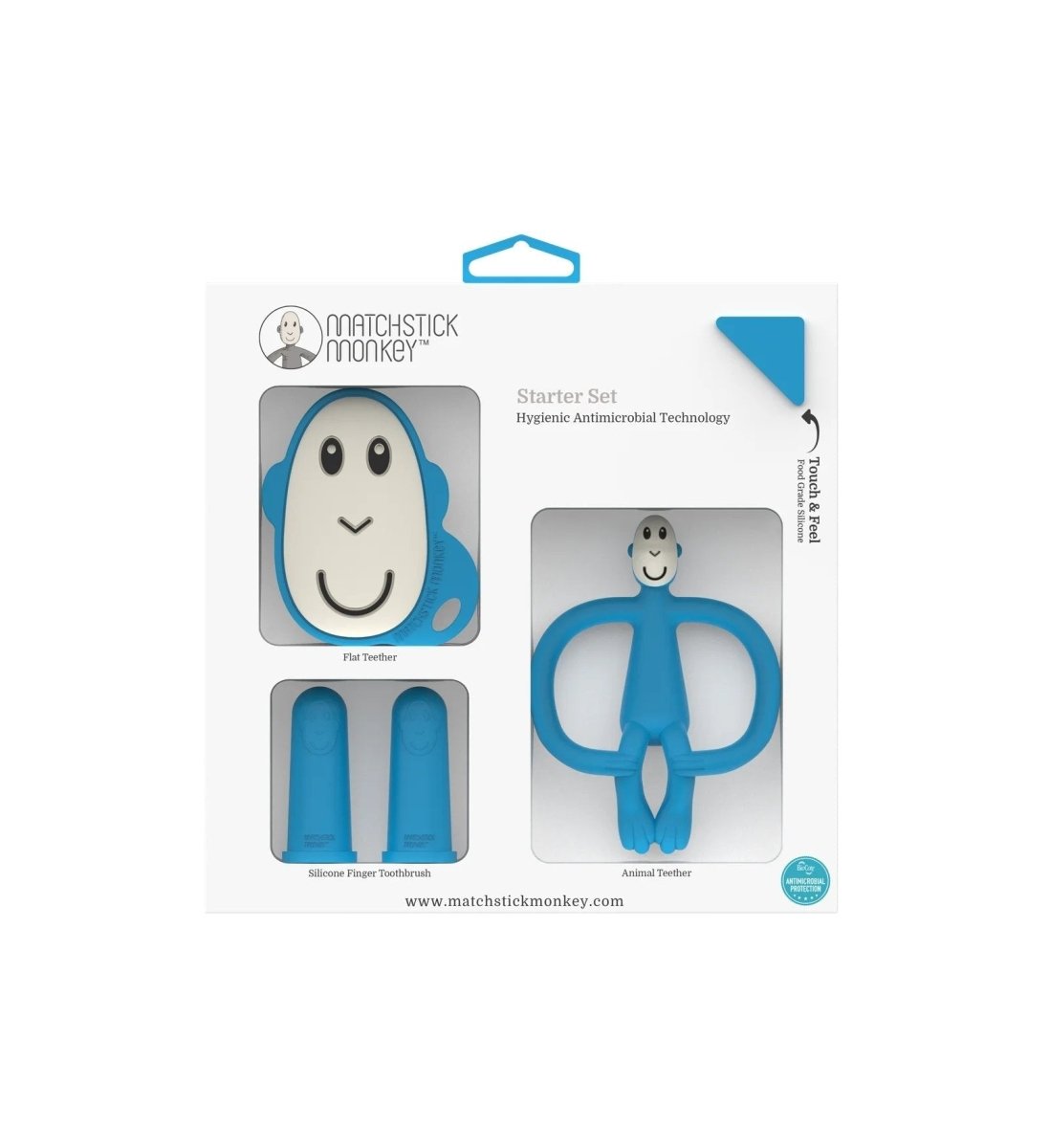 Matchstick Monkey blue teether starter set retail box with face and ring teether shown