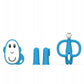 Blue teether starter set with smiling face, two finger teethers, and ring handle