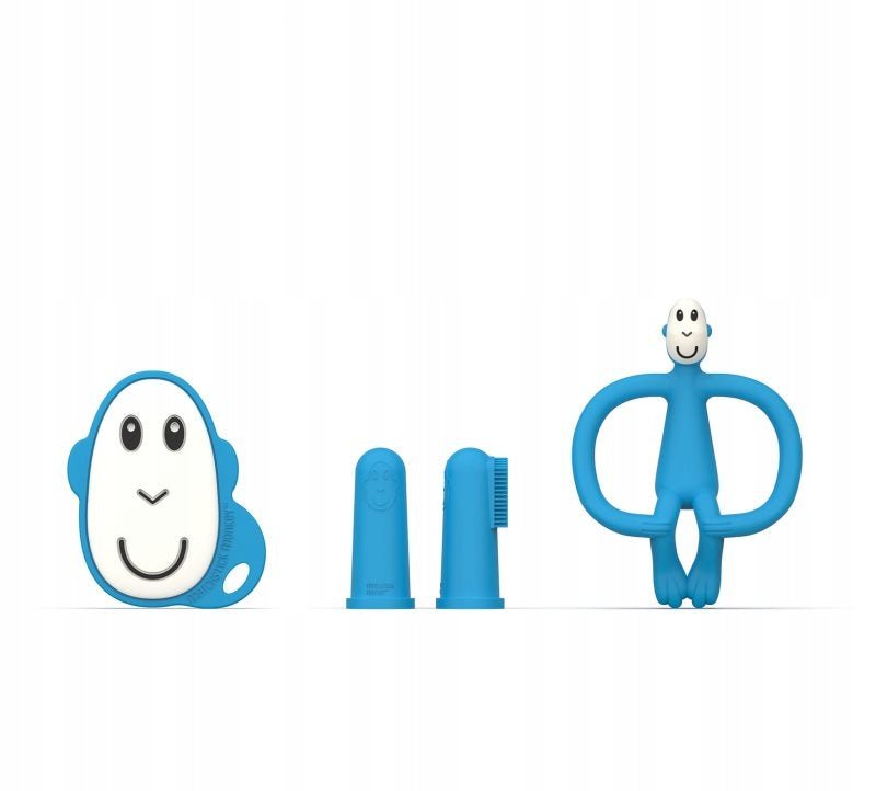 Blue teether starter set with smiling face, two finger teethers, and ring handle