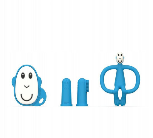 Blue teether starter set with smiling face, two finger teethers, and ring handle