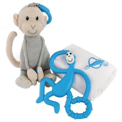 Baby teething gift set with plush gray monkey, blue teether, and white muslin blanket