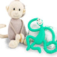 Baby teething gift set with plush gray monkey, green teether, and white muslin blanket