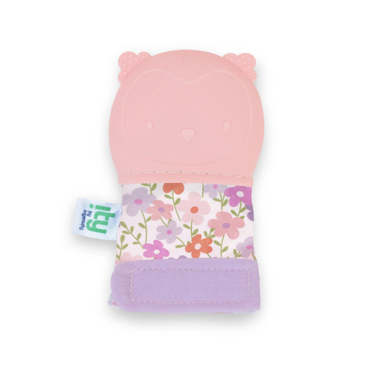 Pink bear-faced teething mitt with multicolor floral panel and purple bottom cuff