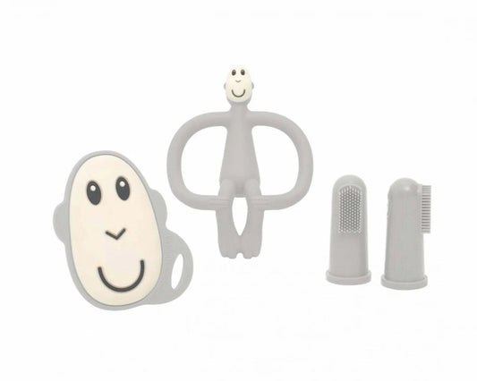 Teething starter set with grey teether and two finger brushes
