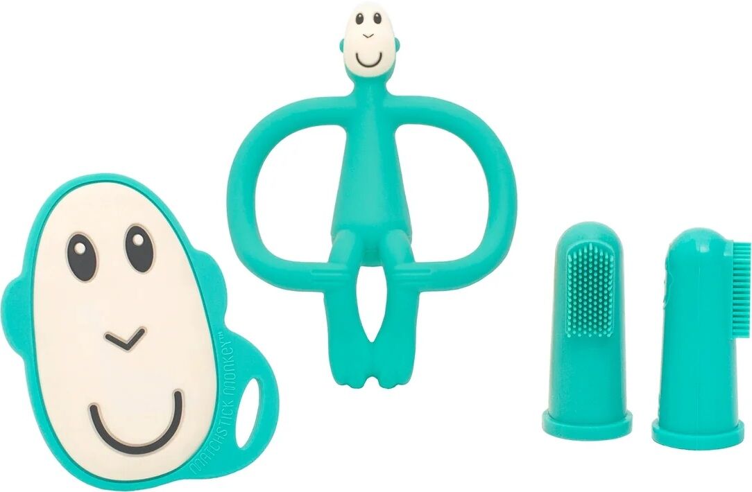 Teething starter set: teal monkey teether handle with two finger teethers