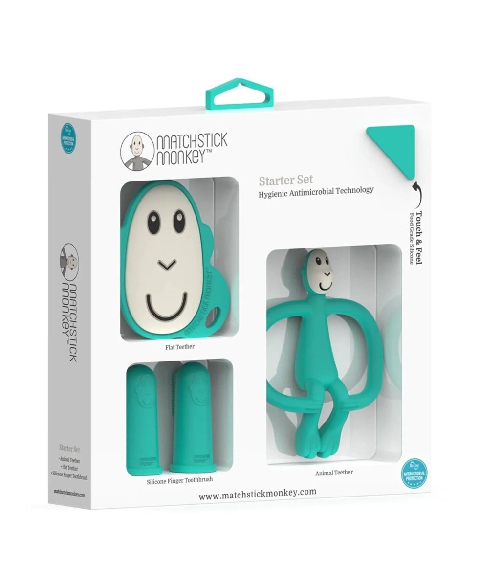 Teething starter set box showing teal monkey teether and two finger teethers