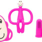 Pink monkey teether with two silicone finger brushes, featuring smiling face and ring handles