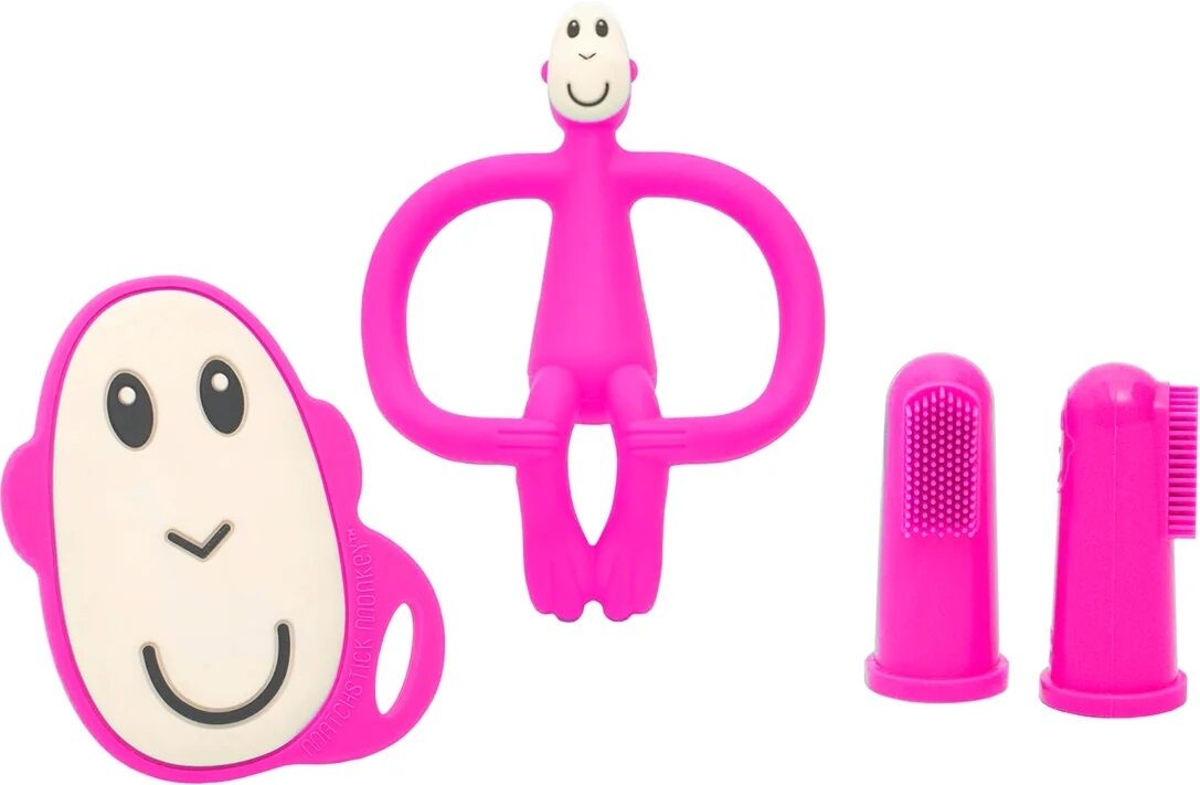 Pink monkey teether with two silicone finger brushes, featuring smiling face and ring handles