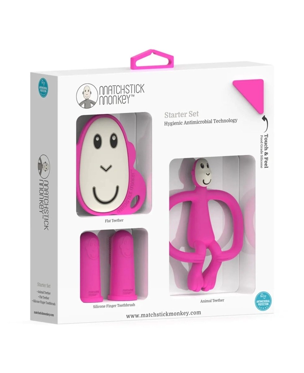Teething starter set in pink box with monkey teether and two finger brushes