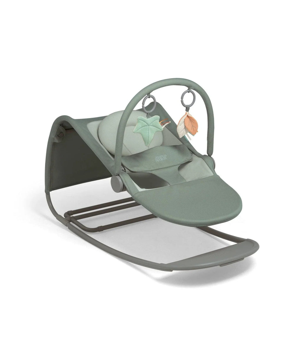 Baby rocker and bouncer in mint green with overhead toy bar and curved base