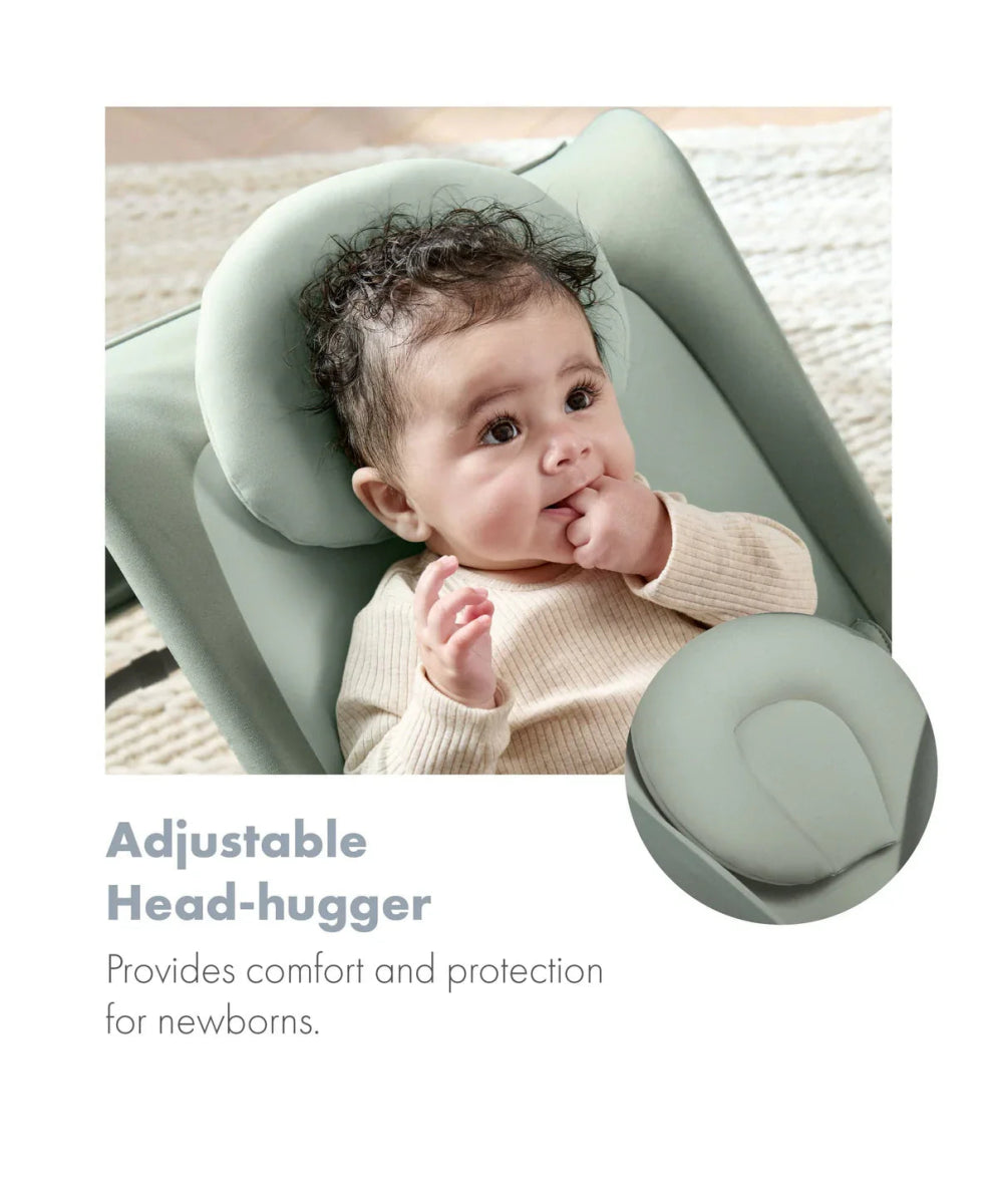 Baby rocker and bouncer with adjustable head-hugger, mint green seat and harness