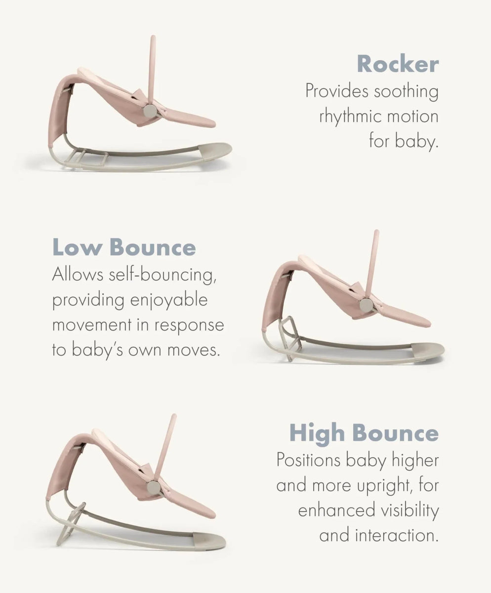 Baby rocker and bouncer in blush pink with head-hugger and curved stand
