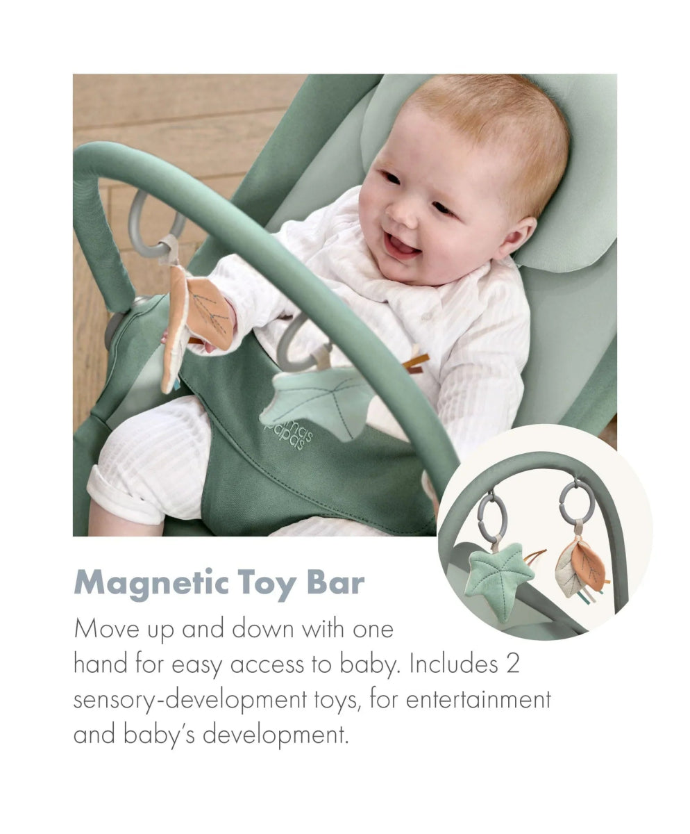 Baby rocker and bouncer with magnetic toy bar, mint green seat and curved base