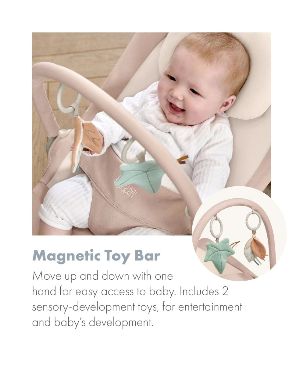 Baby rocker and bouncer with magnetic toy bar and mint seat, baby reclined