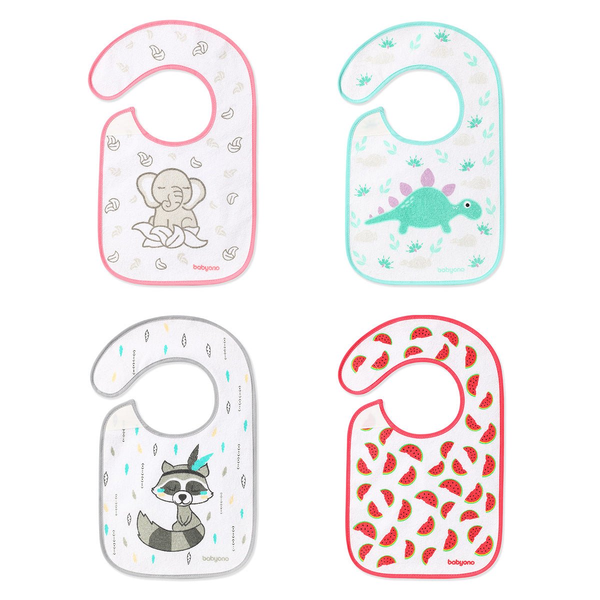 Printed baby terry bib set with animal and fruit patterns, assorted colors