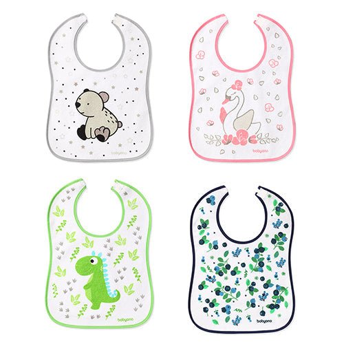 Terry bibs set of four: white, pink, green, and navy with animal prints