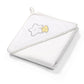 Hooded terry towel with white hood and cloud-sun embroidery, white terry backing
