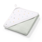 Hooded terry towel with white hood and multicolor dot pattern, light mint terry backing