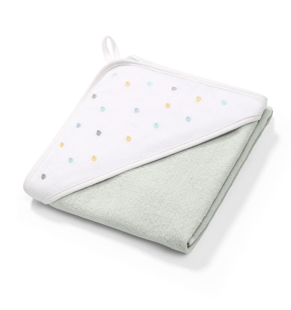 Hooded terry towel with white hood and multicolor dot pattern, light mint terry backing