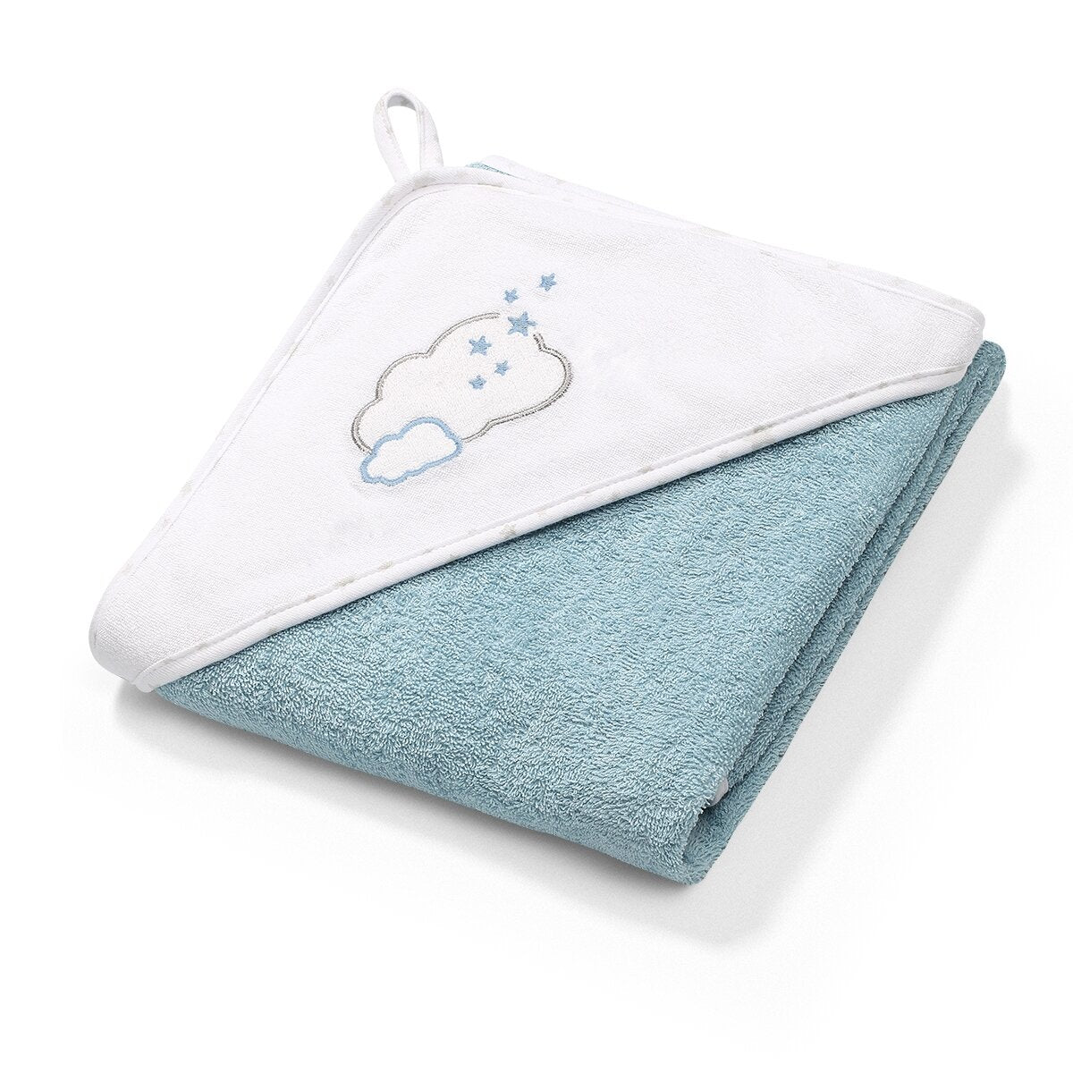 Hooded terry towel with white hood and blue cloud/star embroidery, light blue terry