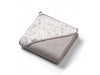 Hooded terry towel with pastel print trim and light gray terry hooded face