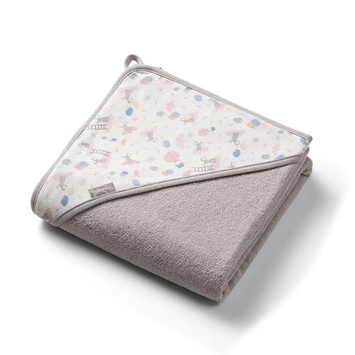 Hooded terry towel with pastel animal-and-balloons print and light gray terry backing