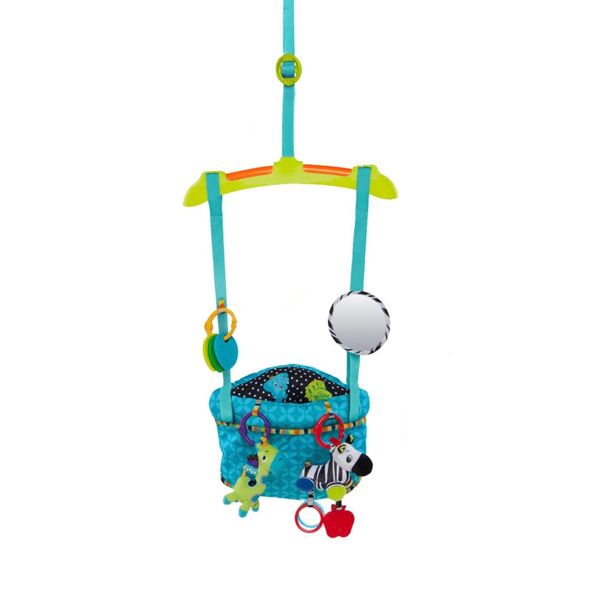 Blue baby door jumper with hanging zebra ball and jungle plush toys