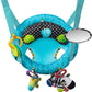 Blue and black baby door jumper seat with hanging toys and zebra plush