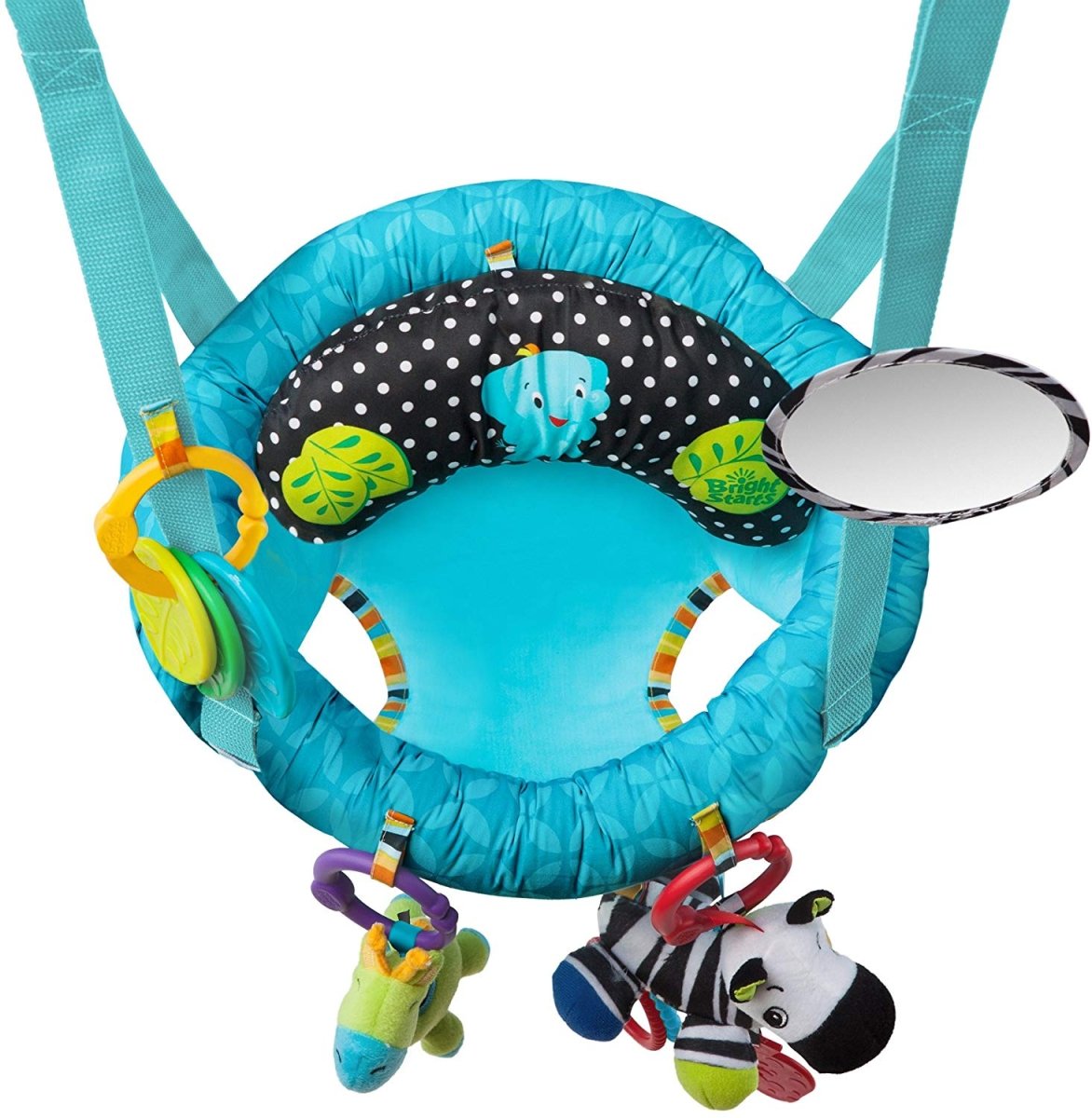 Blue and black baby door jumper seat with hanging toys and zebra plush