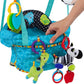 Blue baby door jumper with hanging toys, including zebra and dinosaur