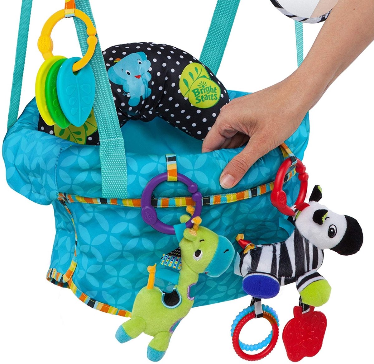 Blue baby door jumper with hanging toys, including zebra and dinosaur