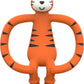 Orange tiger-shaped silicone teether with white face, black nose, and ring-like handle loops