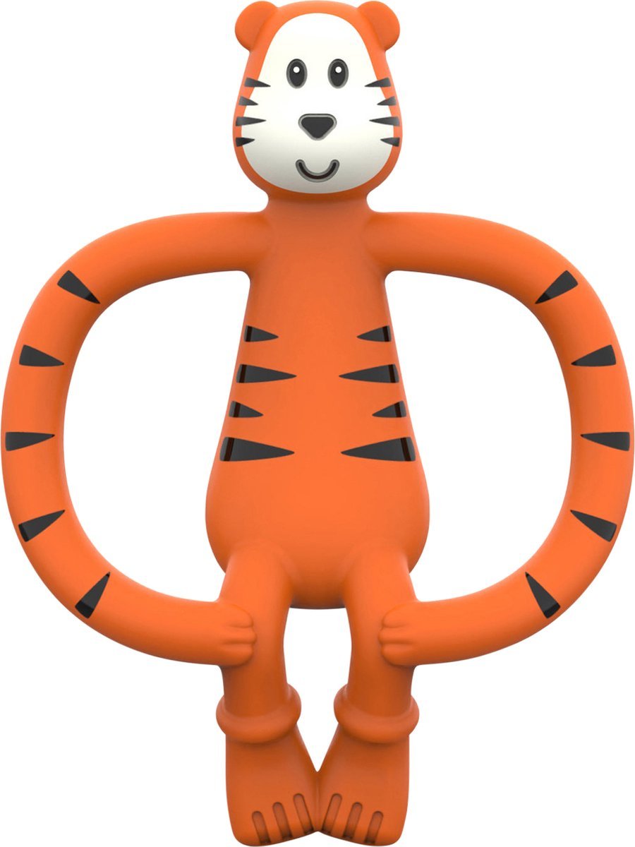 Orange tiger-shaped silicone teether with white face, black nose, and ring-like handle loops