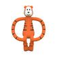 Orange tiger-shaped silicone teether with white belly, black stripes, and curved handle rings