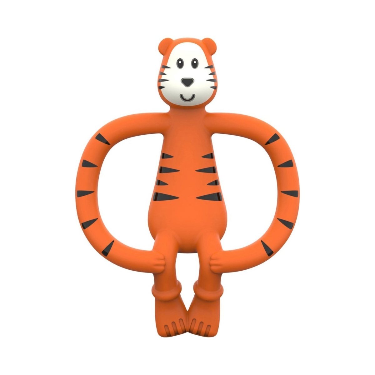 Orange tiger-shaped silicone teether with white belly, black stripes, and curved handle rings