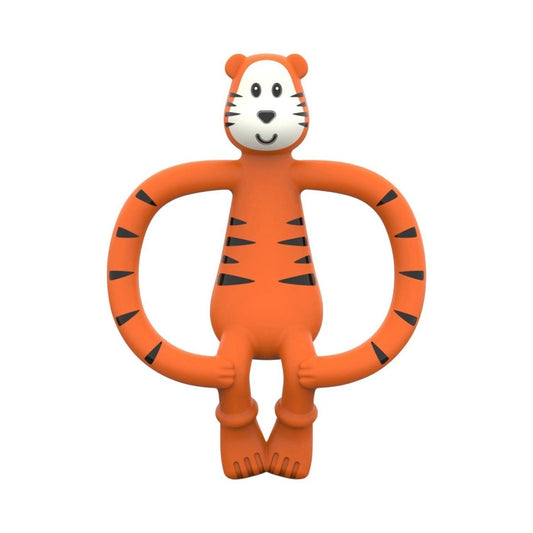 Orange tiger-shaped silicone teether with white belly, black stripes, and curved handle rings