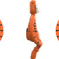 Orange tiger teething toy shown from side and back, silicone handle loops