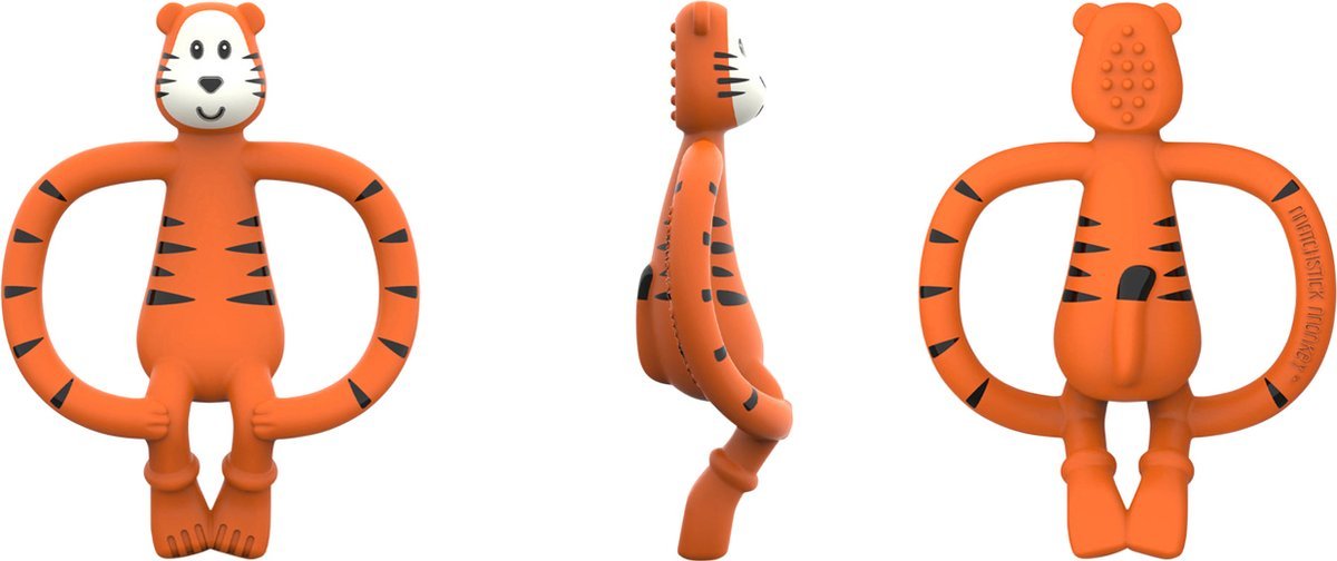 Orange tiger teething toy shown from side and back, silicone handle loops