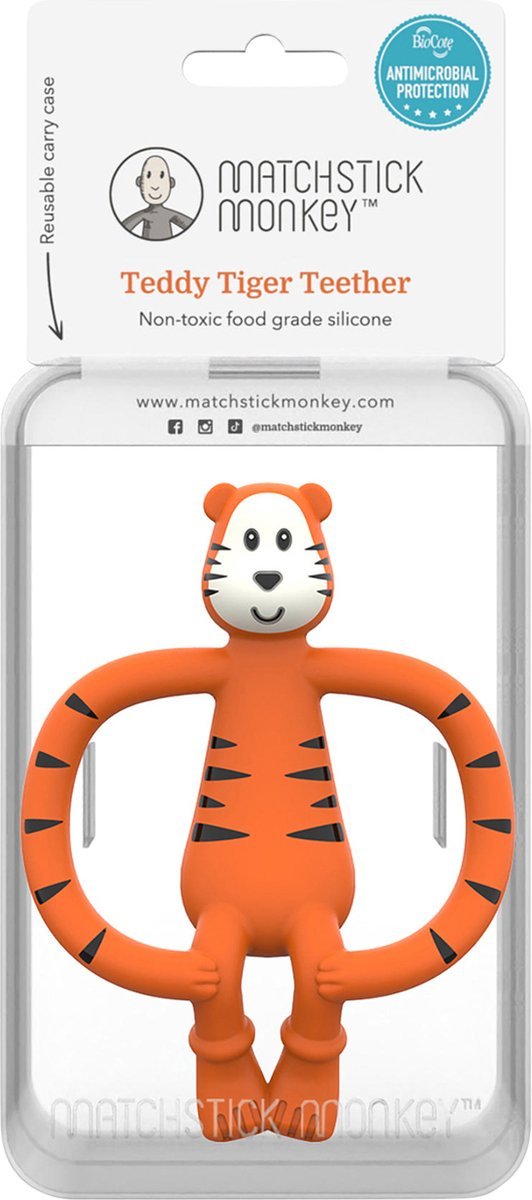 Tiger teether in clear blister pack with Matchstick Monkey branding and orange toy
