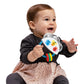 Baby holding tambourine rattle with animal icons on the silver face and colorful rings