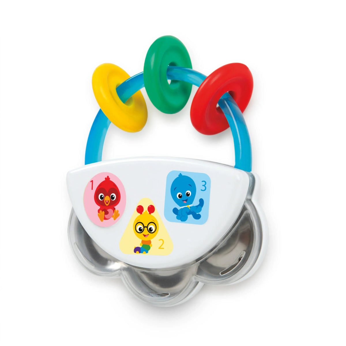Baby tambourine rattle with clear jingles, blue handle, multicolor ring buttons