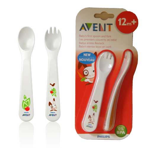Toddler cutlery set, 2-piece spoon and fork in white with Avent graphics.