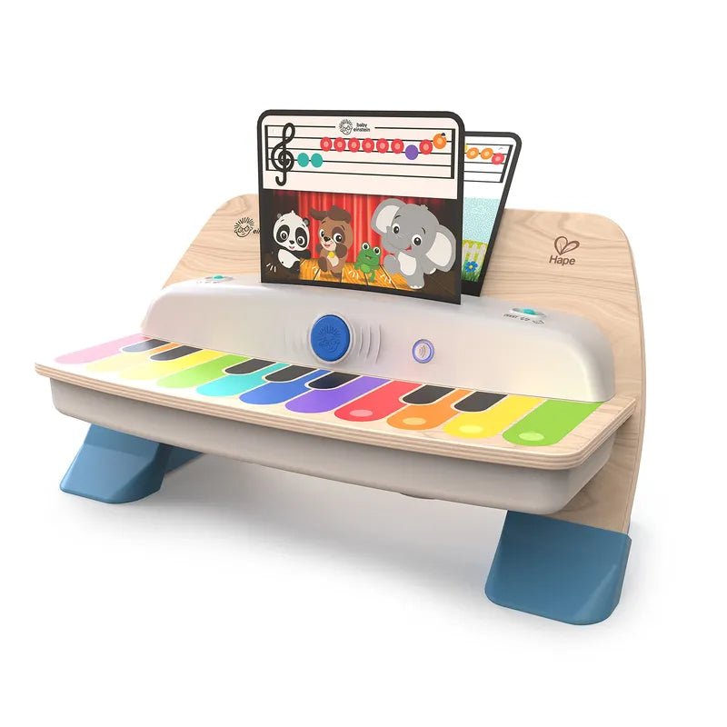 Music toy piano with colorful keys, blue button, and wooden base stand
