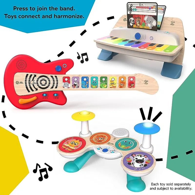 Connected touch piano toy with colorful keys and blue center button on wooden stand