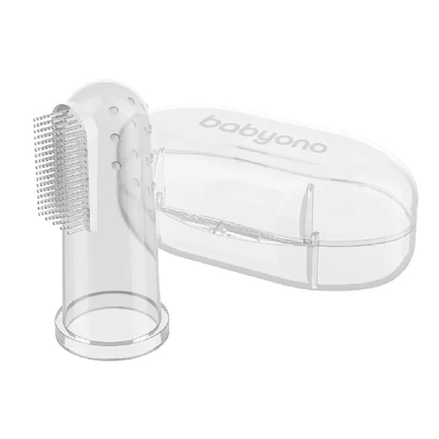 Tooth and gum massage brush with round bristle head and clear protective cover