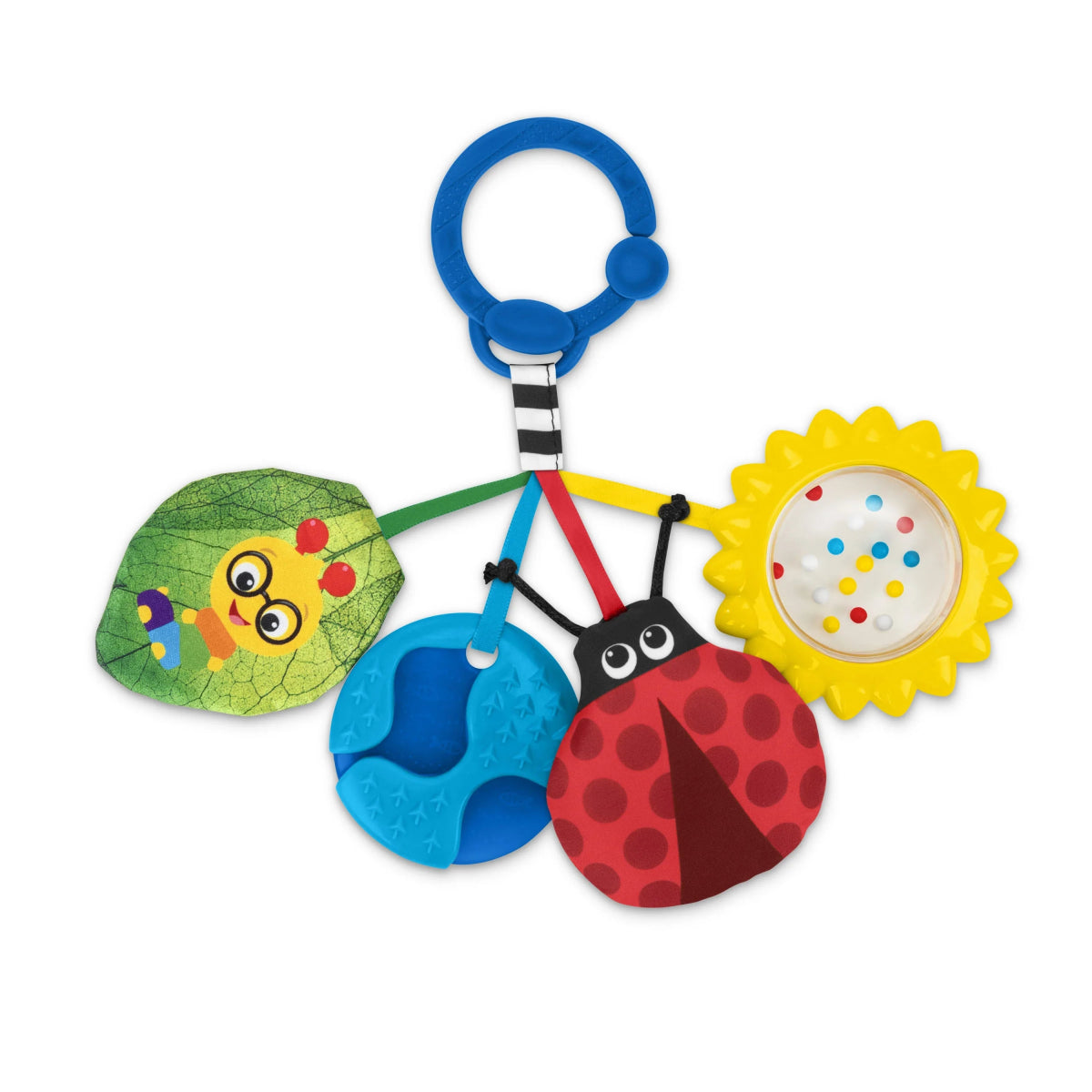 Hanging sensory toy with blue ring and fabric animal shapes