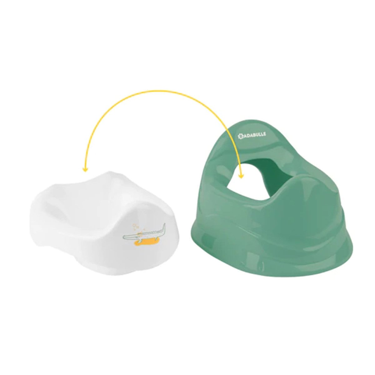 Training potty parts: green base and white removable bowl, shown separated